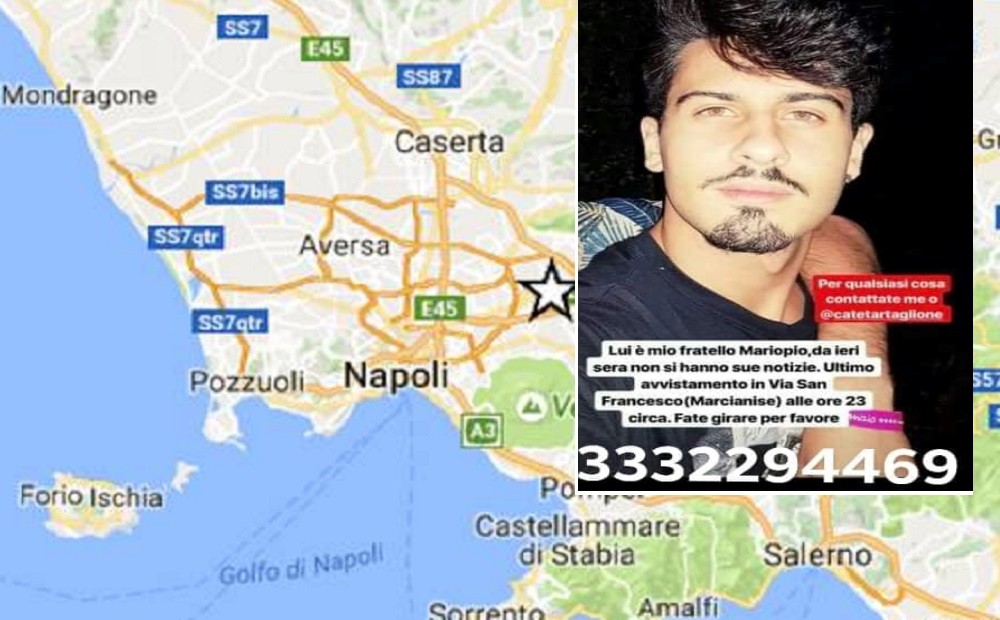 Giallo A Marcianise :nessuna notizia del 21enne scomparso Mario Pio Zarrillo
