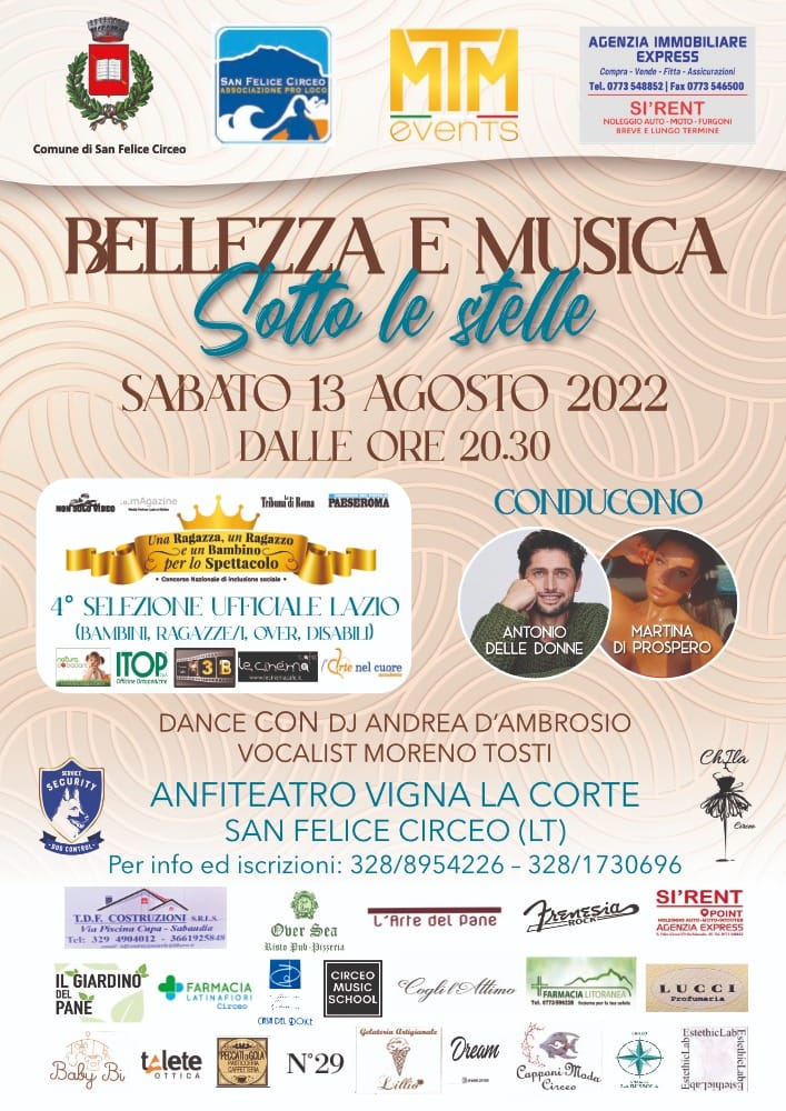 “Bellezza e musica sotto le stelle”, l’evento a San Felice Circeo (LT) con concorso di bellezza “Una Ragazza, un Ragazzo e un Bambino per lo Spettacolo” e discoteca all’aperto.