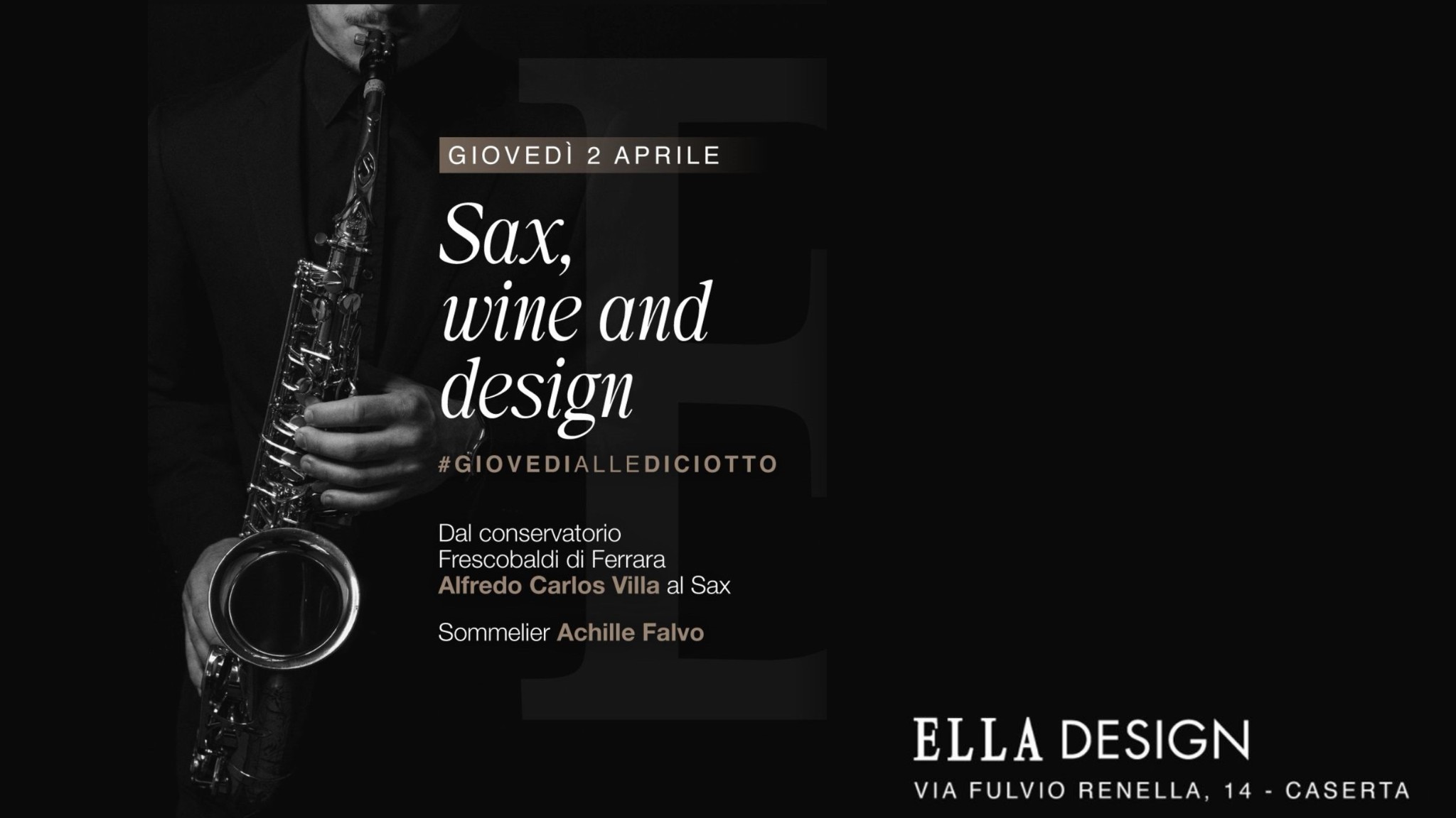 Caserta, musica, vino e creatività: “SAX, WINE and DESIGN” da ELLA Design